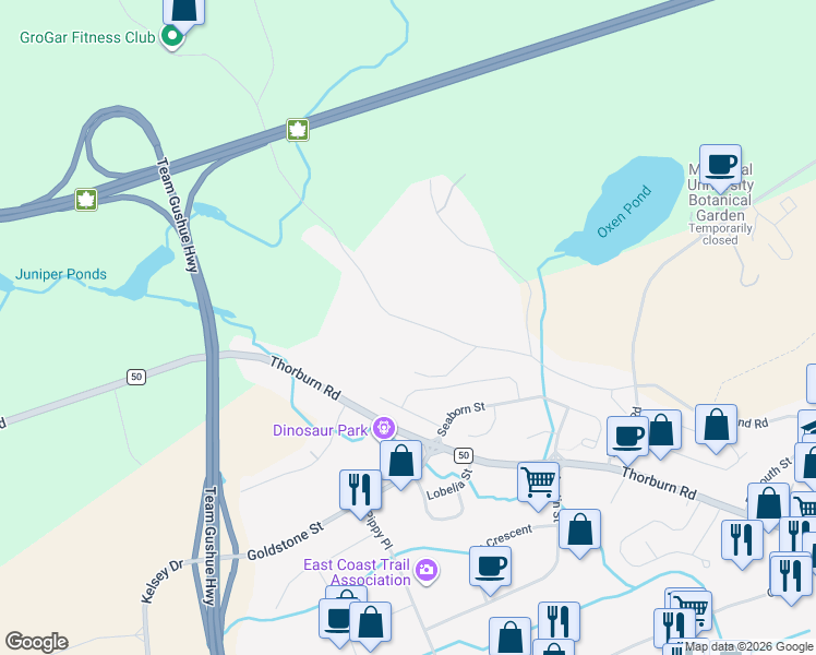 map of restaurants, bars, coffee shops, grocery stores, and more near 147 A Groves Road in St. John's