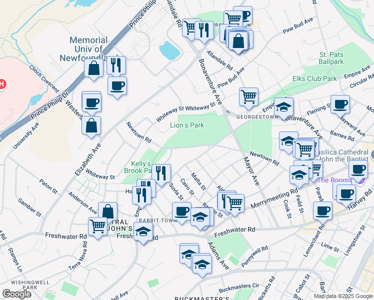 map of restaurants, bars, coffee shops, grocery stores, and more near 105 Newtown Road in St. John's
