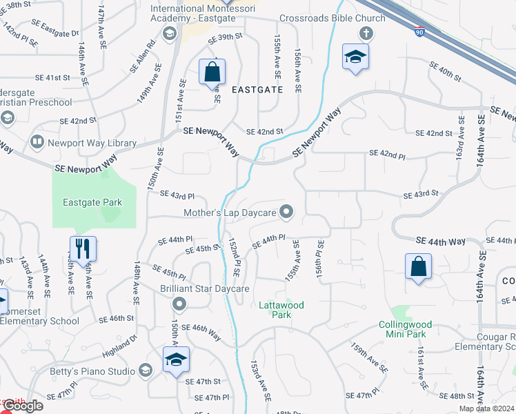 map of restaurants, bars, coffee shops, grocery stores, and more near 15230 Southeast 43rd Street in Bellevue