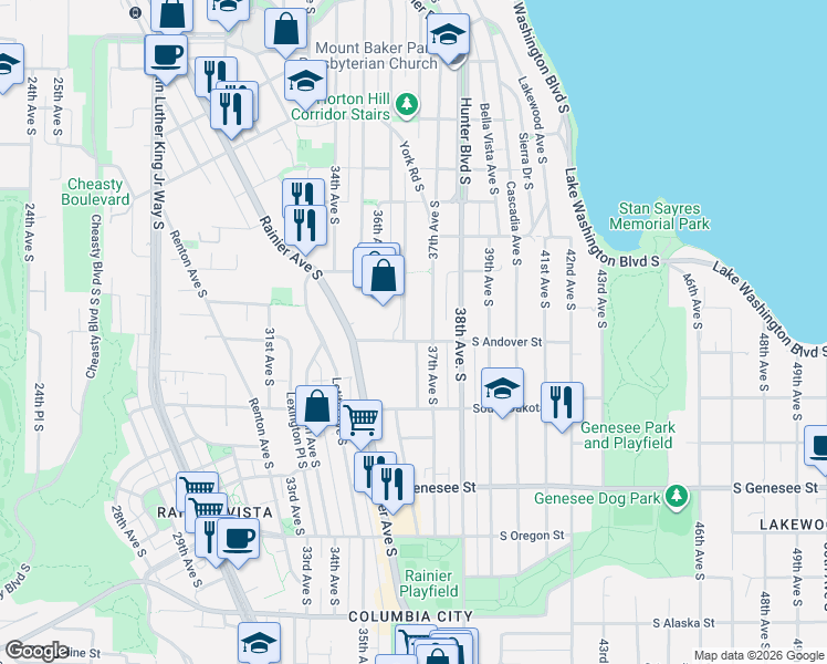 map of restaurants, bars, coffee shops, grocery stores, and more near 3652 South Andover Street in Seattle