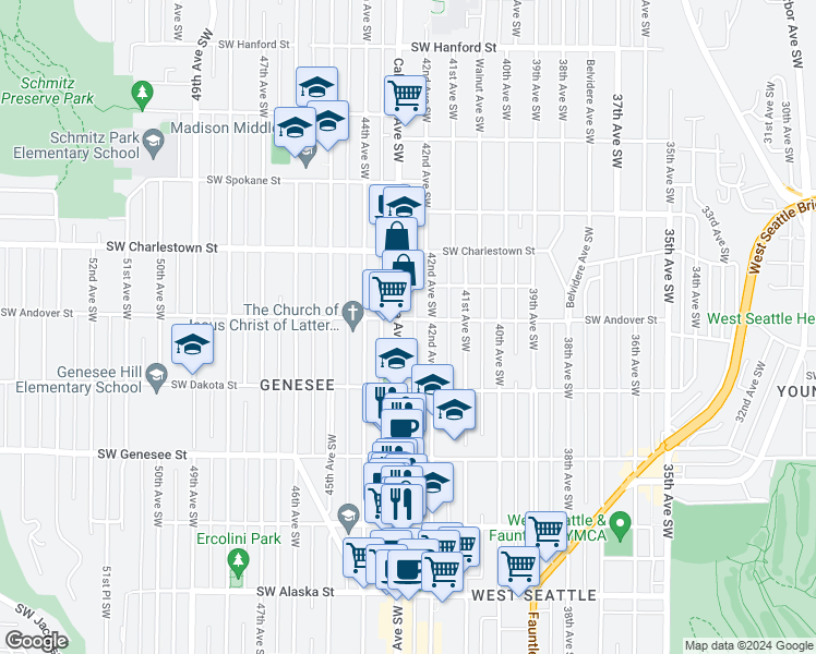 map of restaurants, bars, coffee shops, grocery stores, and more near 4012 California Avenue Southwest in Seattle