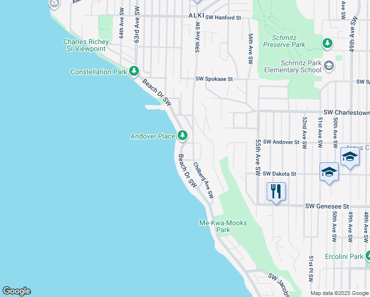 map of restaurants, bars, coffee shops, grocery stores, and more near 4021 59th Avenue Southwest in Seattle