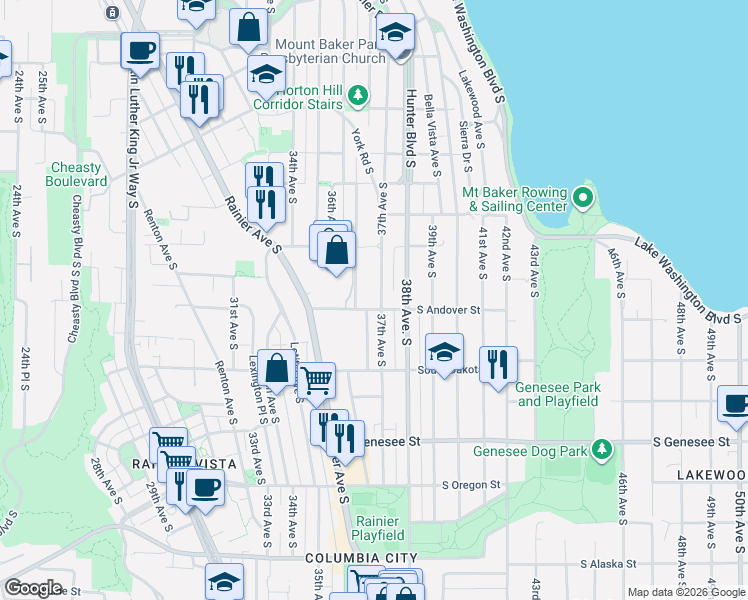 map of restaurants, bars, coffee shops, grocery stores, and more near 4000 37th Avenue South in Seattle