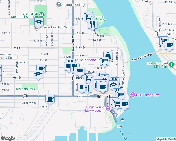 map of restaurants, bars, coffee shops, grocery stores, and more near 7th St & Park Ave in Bremerton