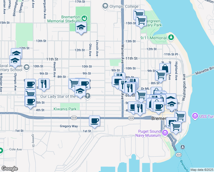 map of restaurants, bars, coffee shops, grocery stores, and more near 704 Chester Avenue in Bremerton