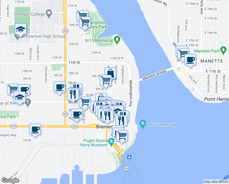 map of restaurants, bars, coffee shops, grocery stores, and more near 629 Pleasant Avenue in Bremerton
