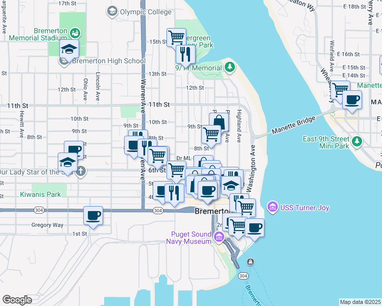 map of restaurants, bars, coffee shops, grocery stores, and more near 708 McKenzie Avenue in Bremerton