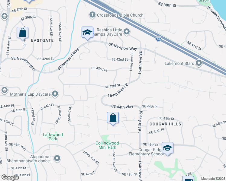 map of restaurants, bars, coffee shops, grocery stores, and more near 16025 Southeast 43rd Street in Bellevue