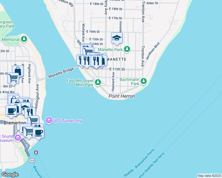 map of restaurants, bars, coffee shops, grocery stores, and more near 404 Shore Drive in Bremerton