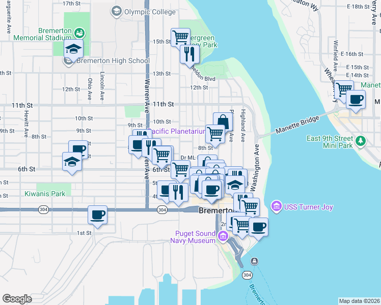 map of restaurants, bars, coffee shops, grocery stores, and more near 714 Doctor Martin Luther King Way in Bremerton