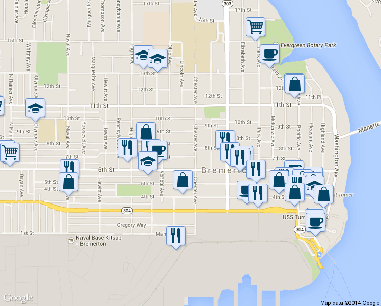 map of restaurants, bars, coffee shops, grocery stores, and more near 704 Chester Avenue in Bremerton