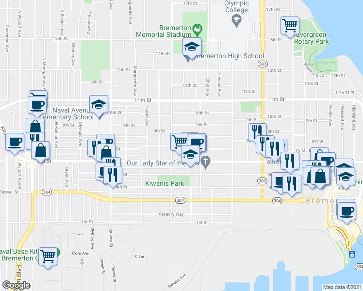 map of restaurants, bars, coffee shops, grocery stores, and more near in Bremerton