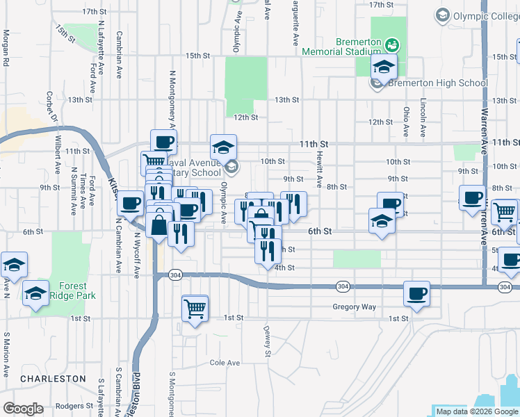 map of restaurants, bars, coffee shops, grocery stores, and more near 2123 7th Street in Bremerton