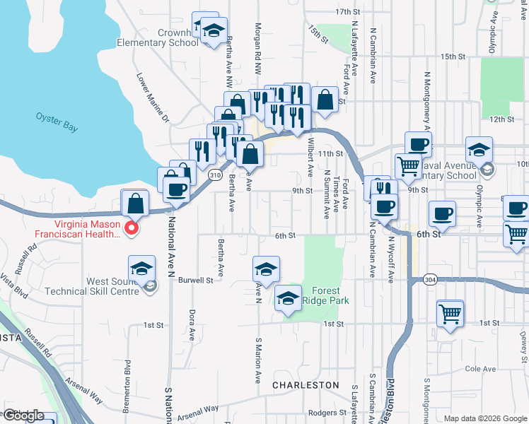 map of restaurants, bars, coffee shops, grocery stores, and more near 620 Adele Avenue in Bremerton