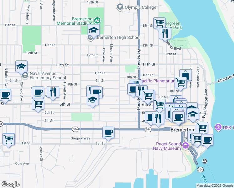 map of restaurants, bars, coffee shops, grocery stores, and more near 704 Chester Avenue in Bremerton