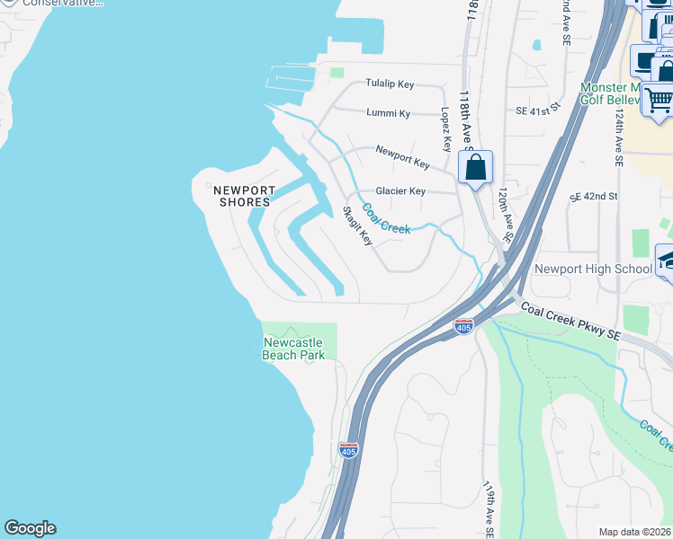 map of restaurants, bars, coffee shops, grocery stores, and more near 12 Columbia Key in Bellevue