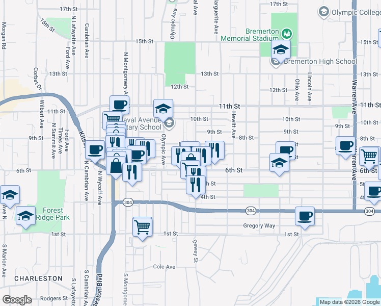 map of restaurants, bars, coffee shops, grocery stores, and more near 2123 7th Street in Bremerton