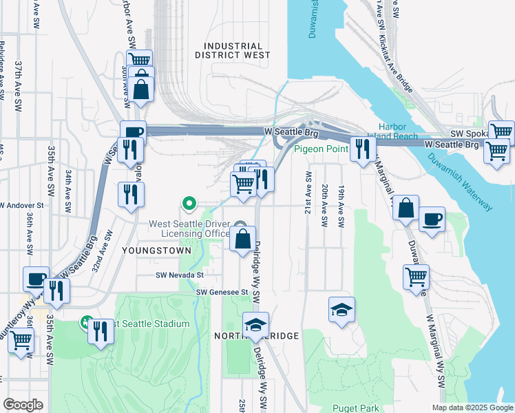 map of restaurants, bars, coffee shops, grocery stores, and more near Delridge Way SW & SW Andover St in Seattle