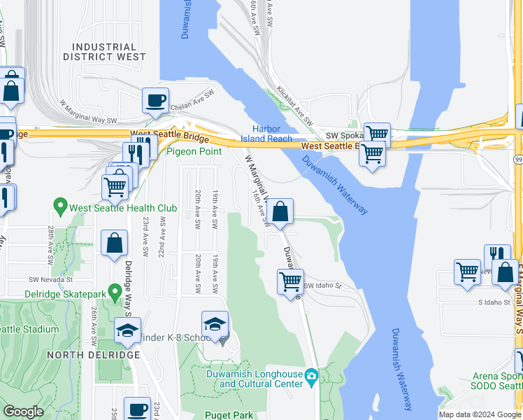 map of restaurants, bars, coffee shops, grocery stores, and more near 4011 16th Avenue Southwest in Seattle