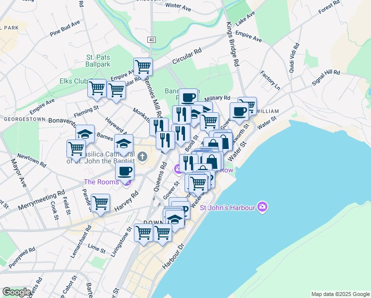map of restaurants, bars, coffee shops, grocery stores, and more near 68 Bond Street in St. John's