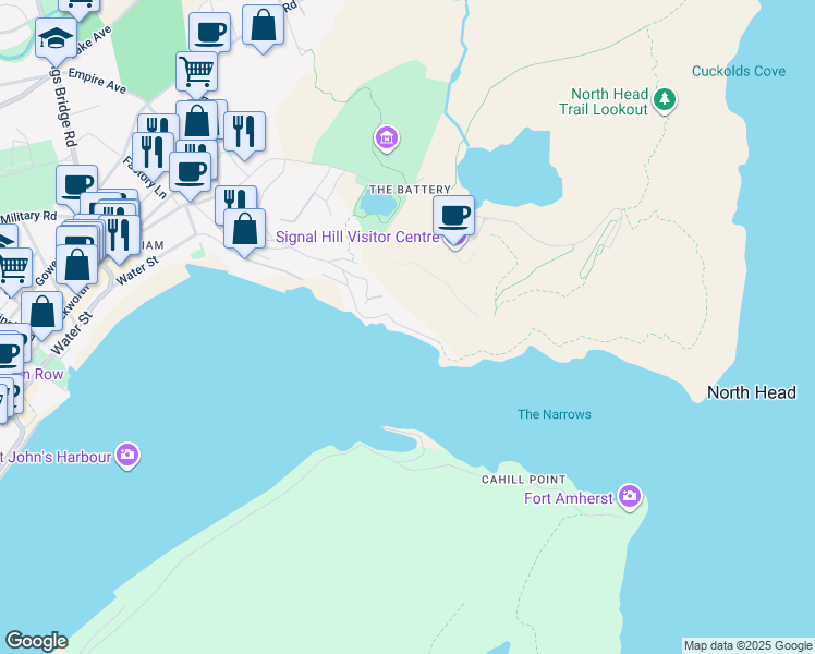 map of restaurants, bars, coffee shops, grocery stores, and more near 38 Outer Battery Road in St. John's