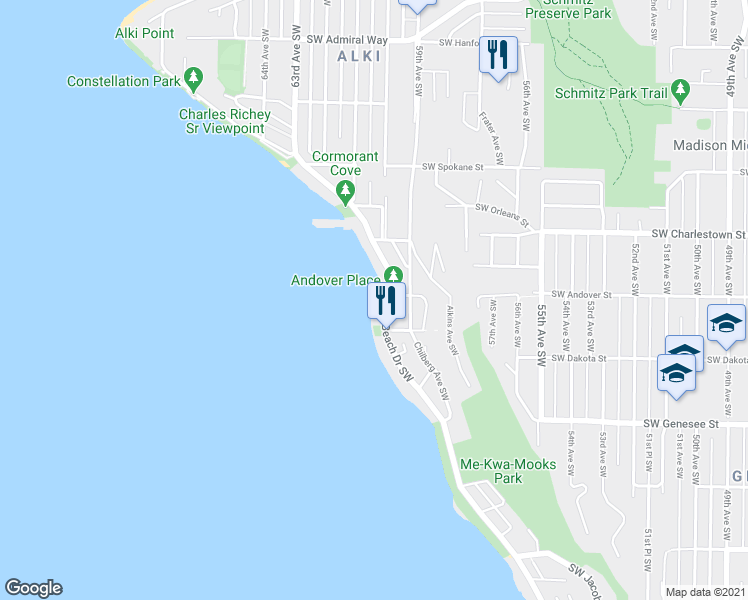 map of restaurants, bars, coffee shops, grocery stores, and more near 4021 Beach Drive Southwest in Seattle