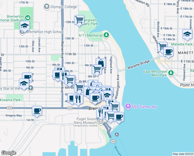 map of restaurants, bars, coffee shops, grocery stores, and more near in Bremerton
