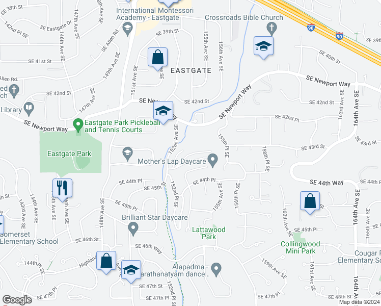 map of restaurants, bars, coffee shops, grocery stores, and more near South 43rd Street in King County