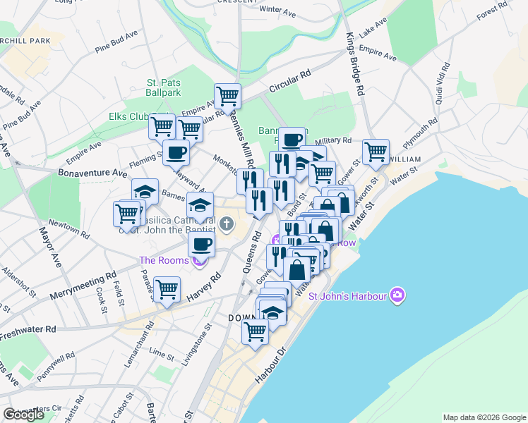 map of restaurants, bars, coffee shops, grocery stores, and more near 24 Queens Road in St. John's