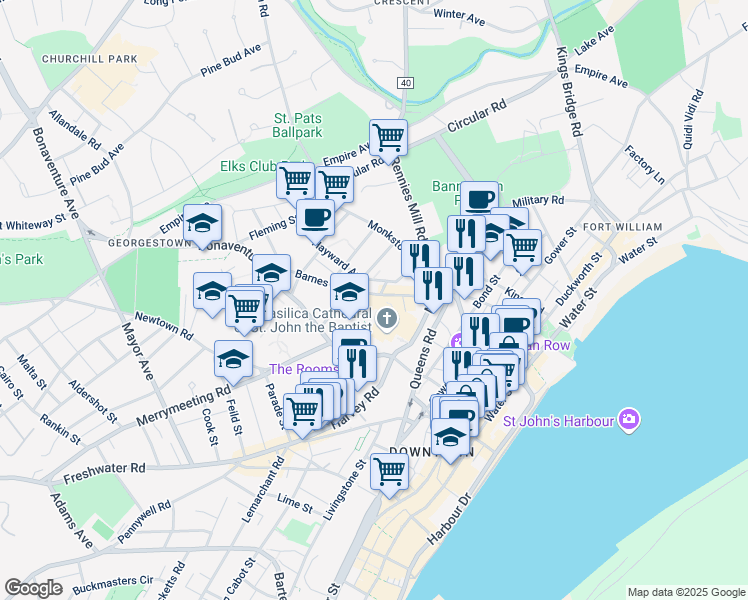 map of restaurants, bars, coffee shops, grocery stores, and more near 35 Barnes Road in St. John's