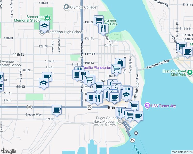 map of restaurants, bars, coffee shops, grocery stores, and more near 677 Park Avenue in Bremerton