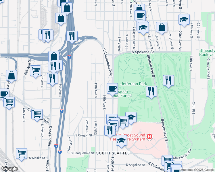map of restaurants, bars, coffee shops, grocery stores, and more near 3932 14th Avenue South in Seattle