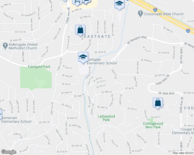 map of restaurants, bars, coffee shops, grocery stores, and more near 15230 Southeast 43rd Street in Bellevue
