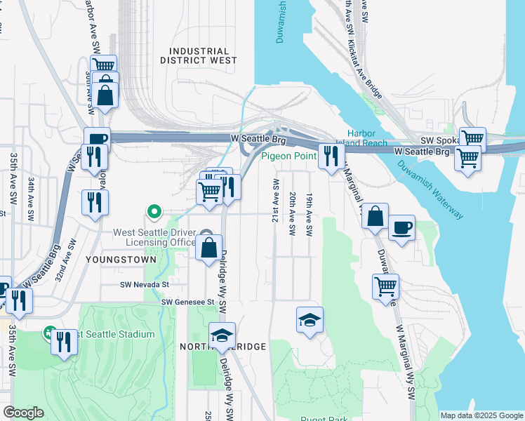 map of restaurants, bars, coffee shops, grocery stores, and more near 4010 22nd Avenue Southwest in Seattle