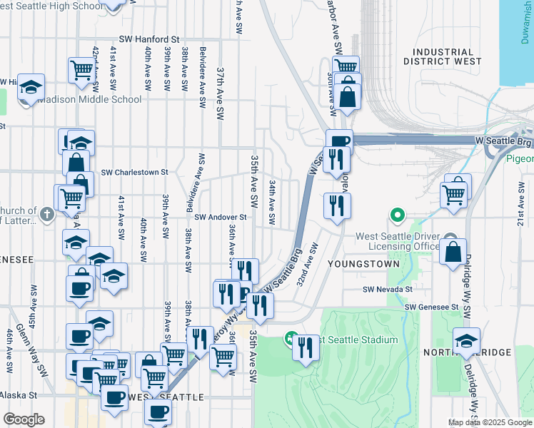 map of restaurants, bars, coffee shops, grocery stores, and more near 3878 35th Avenue Southwest in Seattle