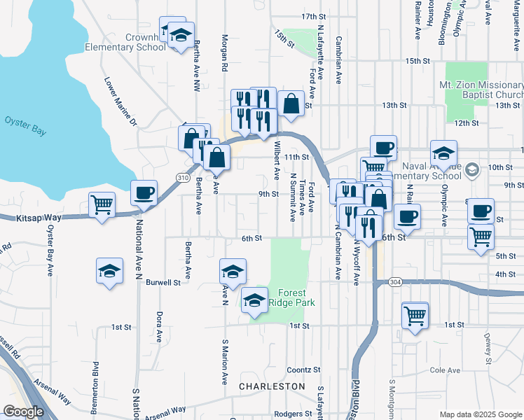 map of restaurants, bars, coffee shops, grocery stores, and more near 613 Wilbert Avenue in Bremerton