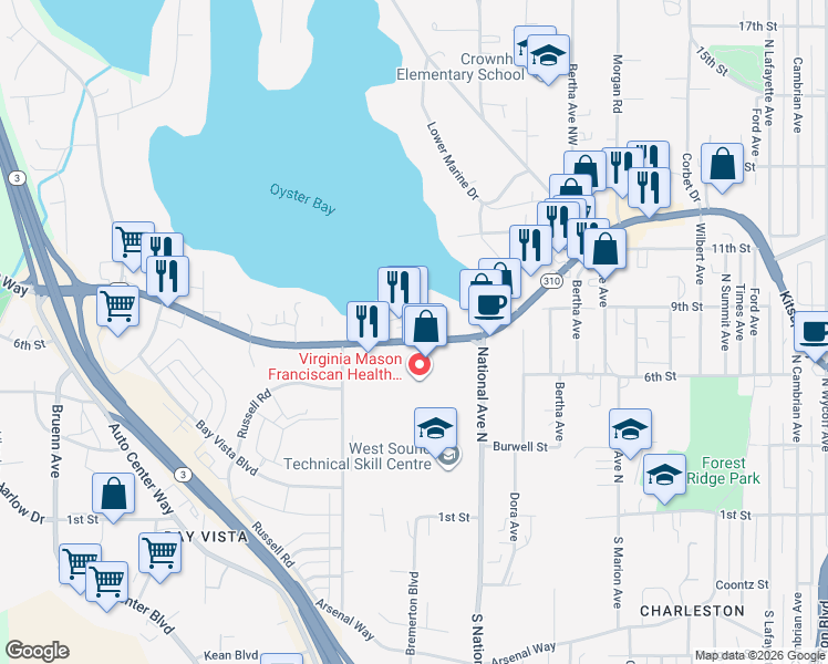 map of restaurants, bars, coffee shops, grocery stores, and more near in Bremerton