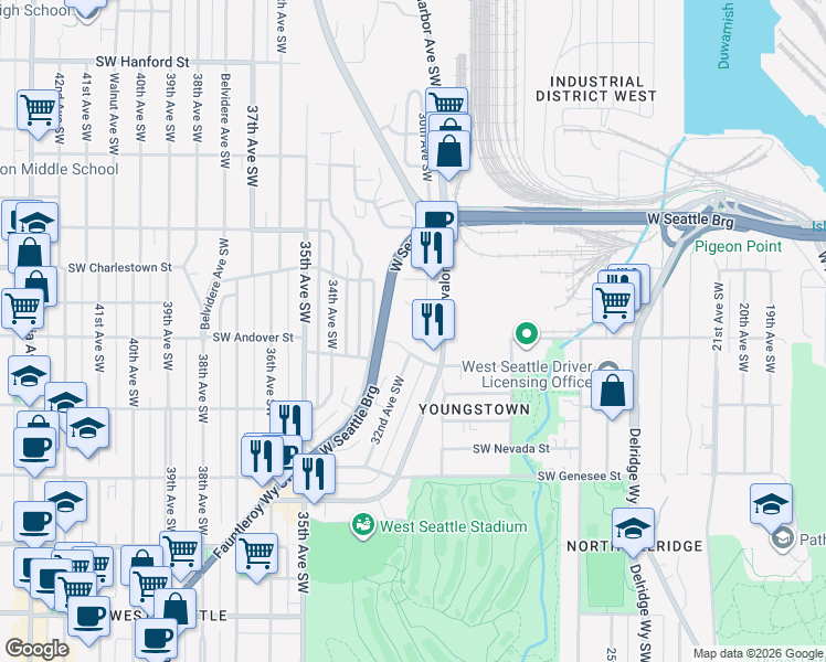 map of restaurants, bars, coffee shops, grocery stores, and more near 3021 Southwest Bradford Street in Seattle