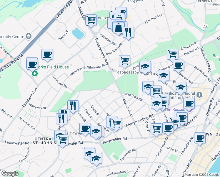 map of restaurants, bars, coffee shops, grocery stores, and more near 76 Newtown Road in St. John's