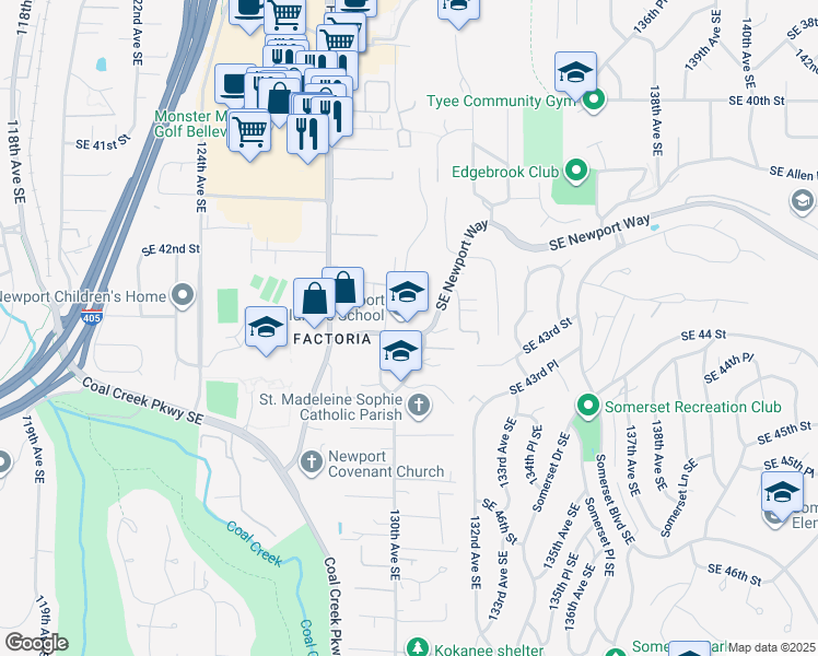 map of restaurants, bars, coffee shops, grocery stores, and more near 12930 SE Newport Way in Bellevue