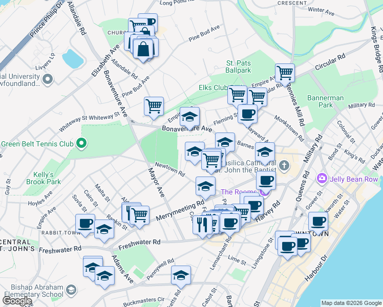 map of restaurants, bars, coffee shops, grocery stores, and more near Margaret's Place in St. John's