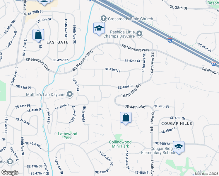 map of restaurants, bars, coffee shops, grocery stores, and more near 15921 Southeast 43rd Street in Bellevue