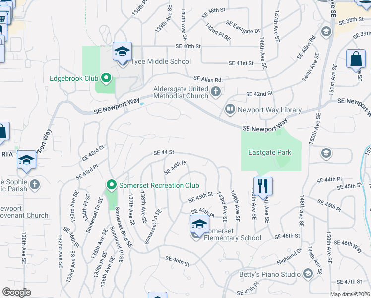 map of restaurants, bars, coffee shops, grocery stores, and more near 14048 Southeast 44th Place in Bellevue