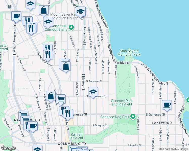 map of restaurants, bars, coffee shops, grocery stores, and more near 3857 Cascadia Avenue South in Seattle