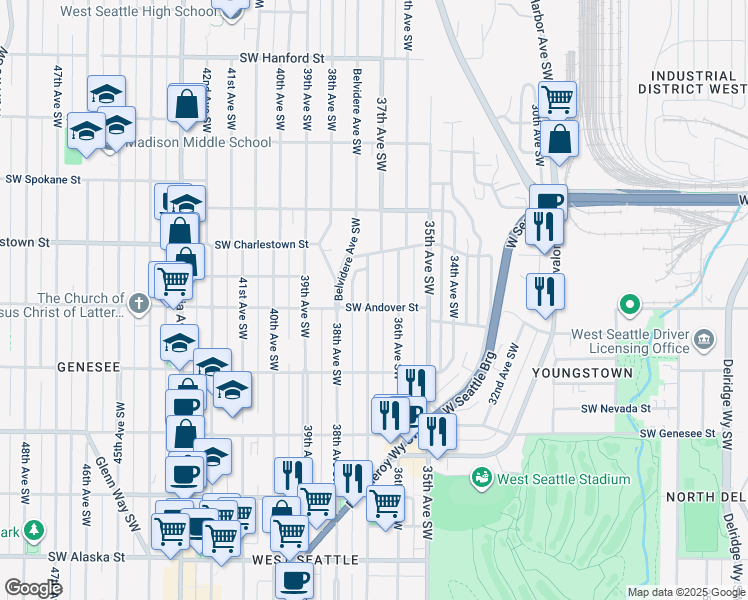map of restaurants, bars, coffee shops, grocery stores, and more near 4011 37th Avenue Southwest in Seattle