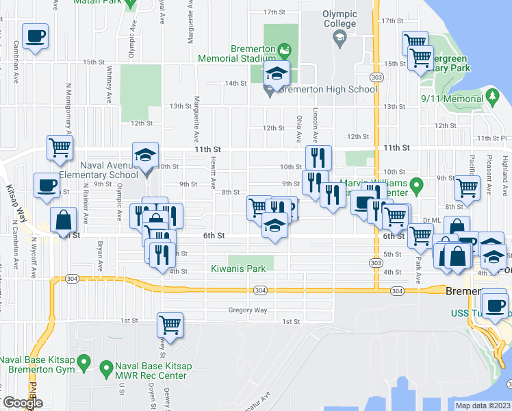 map of restaurants, bars, coffee shops, grocery stores, and more near 1539 8th Street in Bremerton