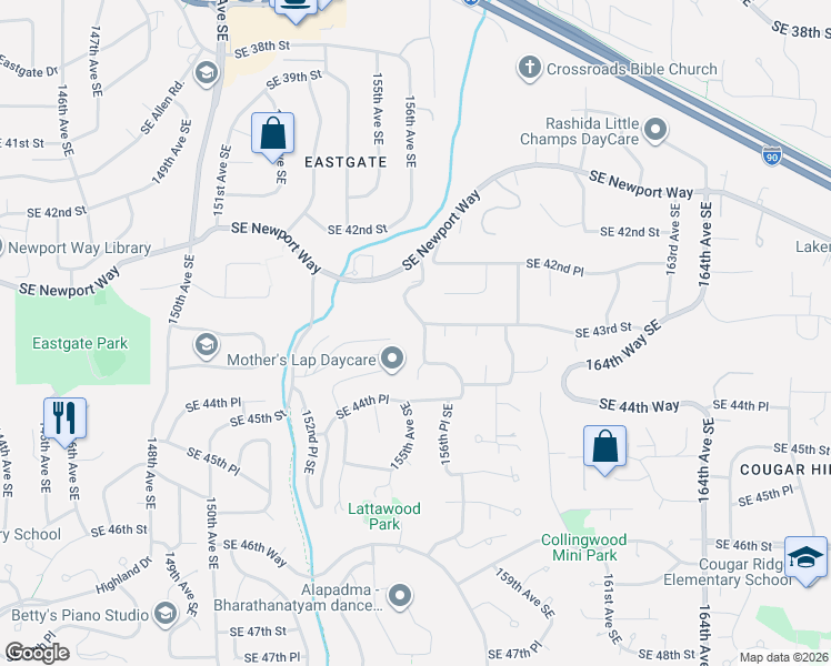 map of restaurants, bars, coffee shops, grocery stores, and more near 4311 155th Place Southeast in Bellevue