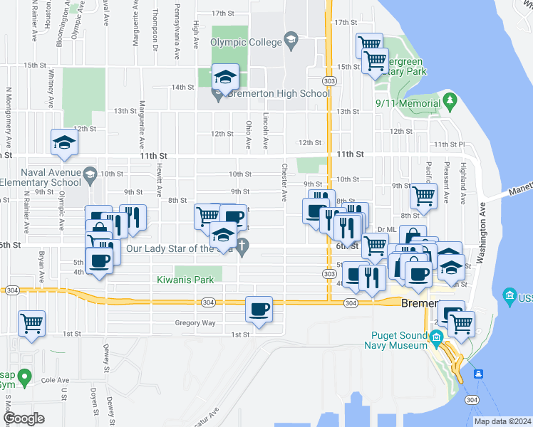 map of restaurants, bars, coffee shops, grocery stores, and more near 1219 8th Street in Bremerton