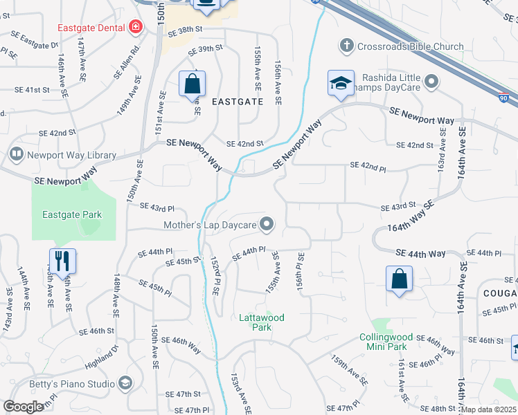 map of restaurants, bars, coffee shops, grocery stores, and more near 15248 Southeast 43rd Street in Bellevue