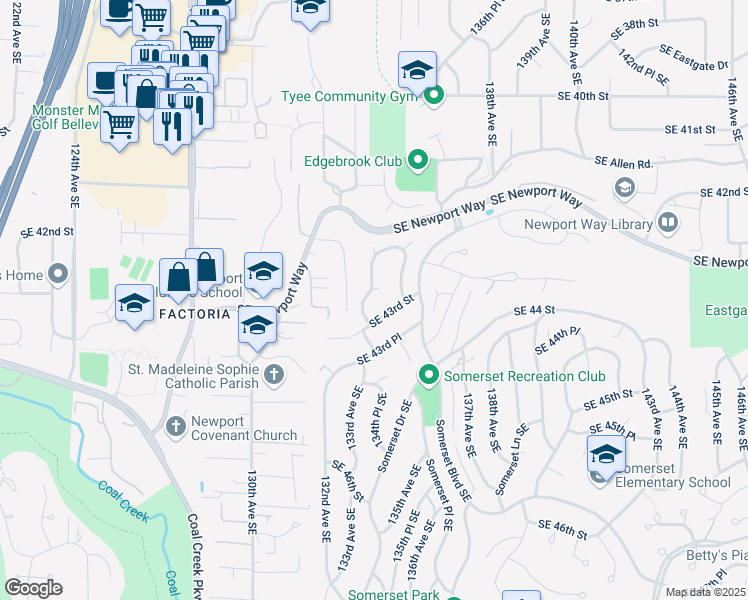 map of restaurants, bars, coffee shops, grocery stores, and more near 13405 Southeast 43rd Street in Bellevue